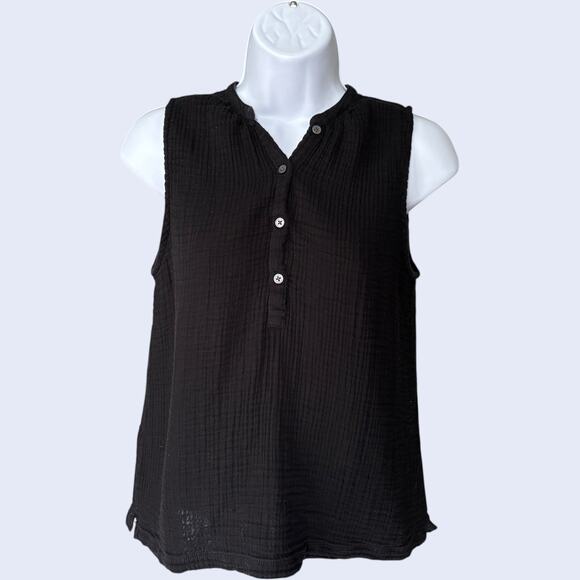 Lou & Grey Black Sleeveless Top Small Gauze Button Front Minimalist - Picture 1 of 5